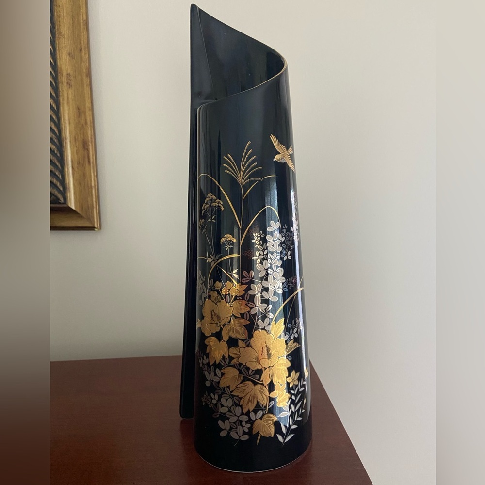 JAPAN TALL YAMAJI Wrap Black PORCELAIN VASE - Gold FLORAL & BIRD DESIGN